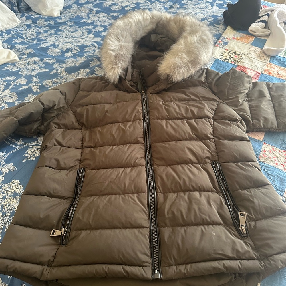 DKNY Olive Puffer Jacket with Faux Fur Hood